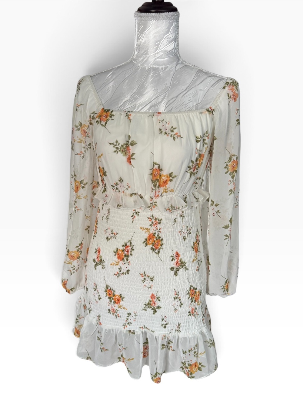 Rare Editions White Floral Long-Sleeve Smocked Mini Dress